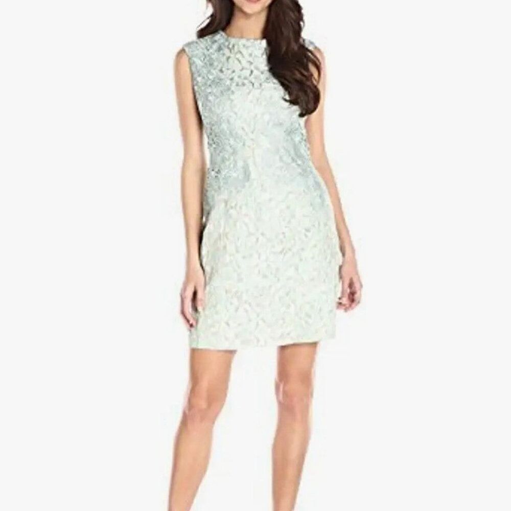 Aidan Mattox 10 Sleeveless Sheath Dress Pastel Blue Metallic All Over Lace Party